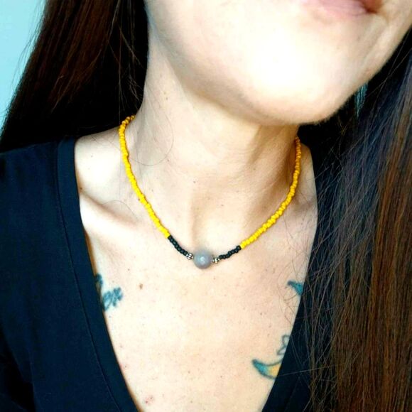 Boho Chic Beaded Choker Necklace, Quartz Dainty Statement Adjustable - Picture 2 of 6